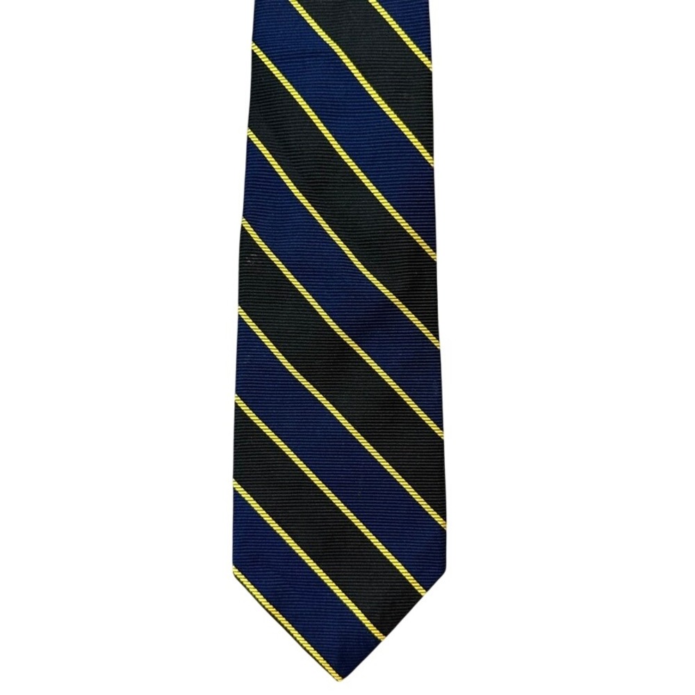 Ferrell Reed Mens Silk Tie Navy Blue Black Yellow Stripe Woven in England 59in